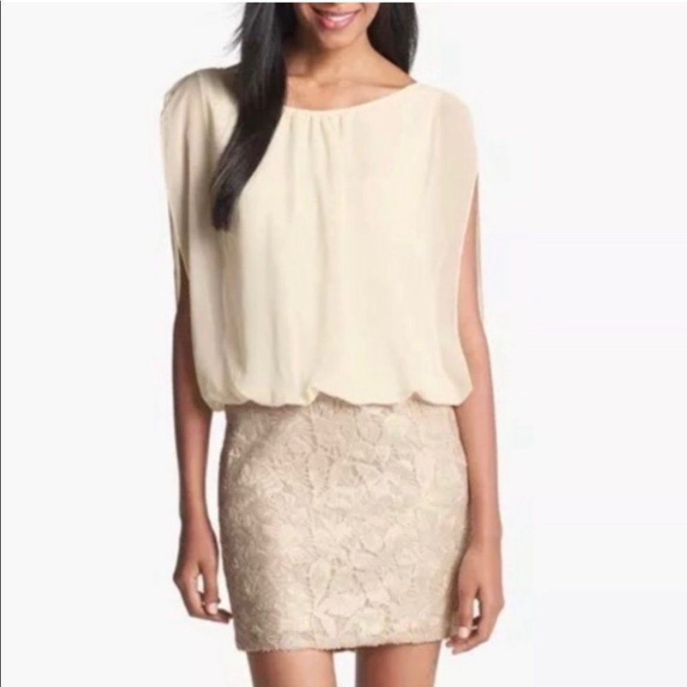 Designer’s Aidan Mattox Beige Drape Chiffon Cocktail Sequin Dress